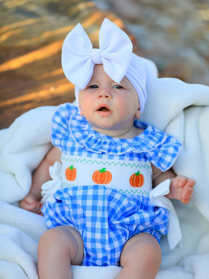 Fall Thanksgiving& Halloween Blue Pumpkin Smock Embroidery Baby Girl Romper - 2