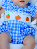 Fall Thanksgiving& Halloween Blue Pumpkin Smock Embroidery Baby Girl Romper - 5