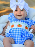 Fall Thanksgiving& Halloween Blue Pumpkin Smock Embroidery Baby Girl Romper - 1