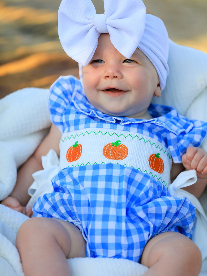 Fall Thanksgiving& Halloween Blue Pumpkin Smock Embroidery Baby Girl Romper - 1