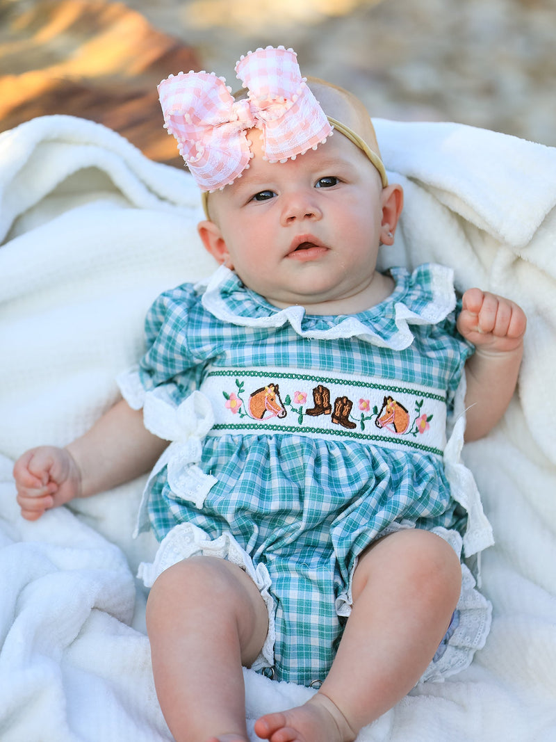 Western Plaid Horse Embroidered Girl Bubble Romper - 1