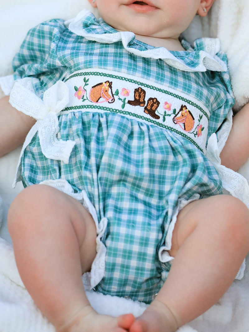 Western Plaid Horse Embroidered Girl Bubble Romper - 2