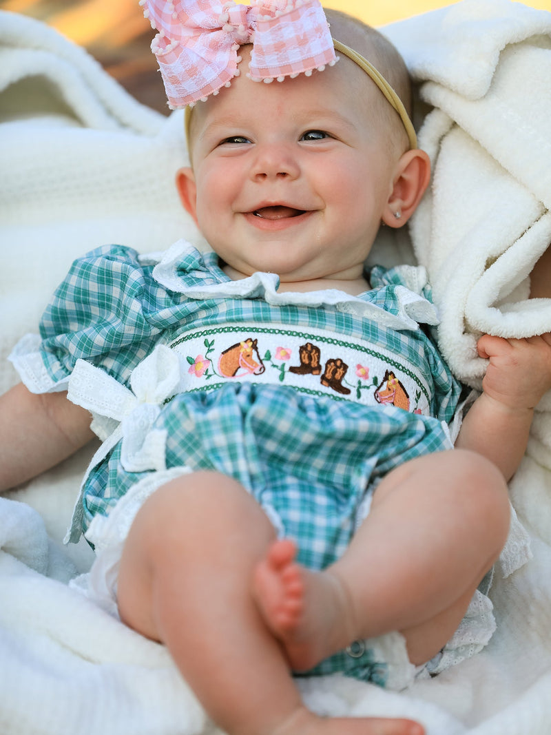 Western Plaid Horse Embroidered Girl Bubble Romper - 3