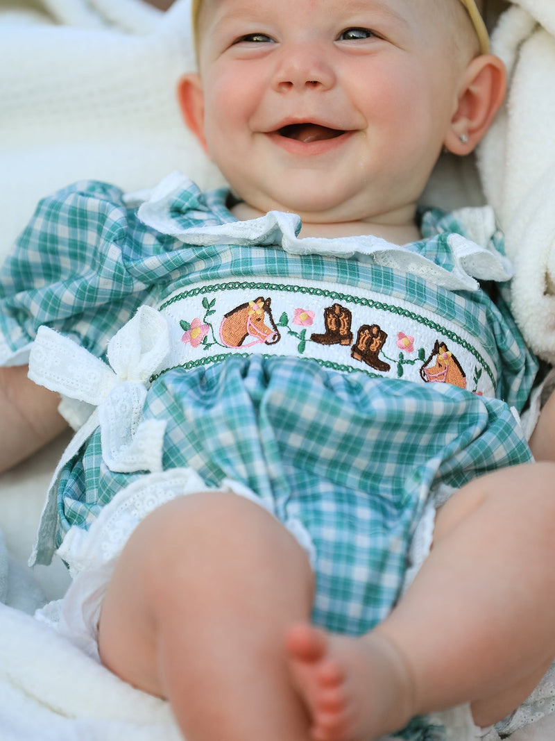 Western Plaid Horse Embroidered Girl Bubble Romper - 4