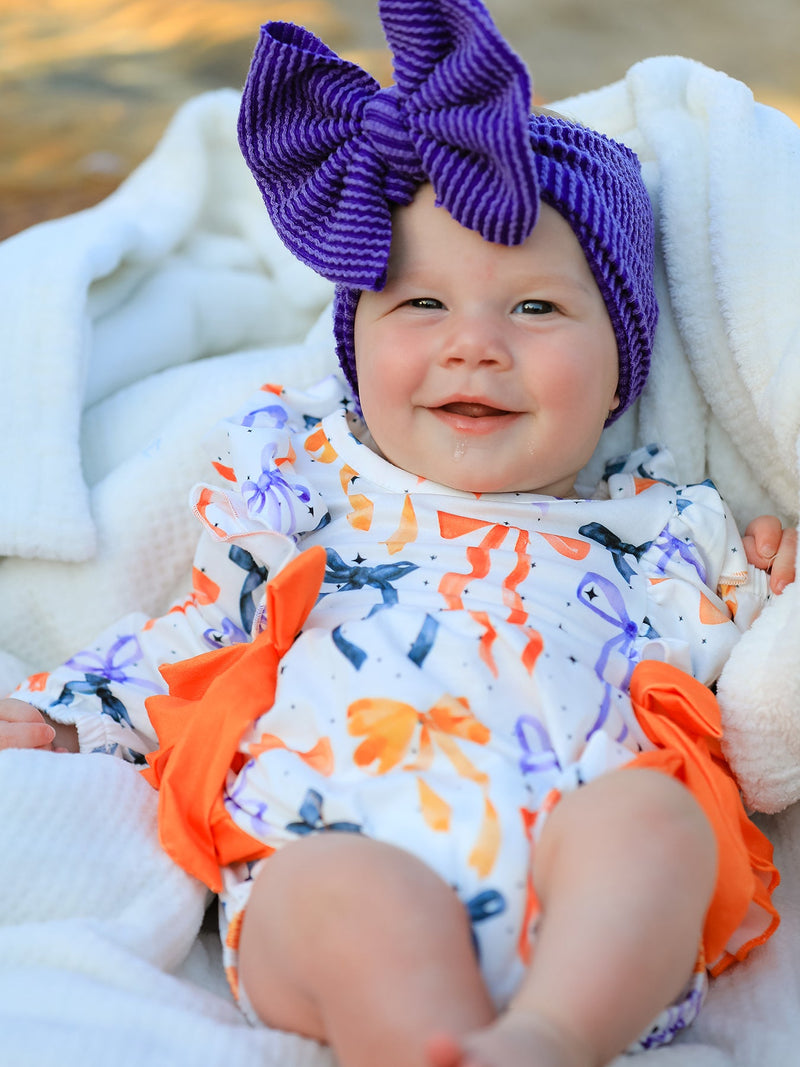 Halloween Bow Print Girls Romper Ruffle Bow Long Sleeve - 1