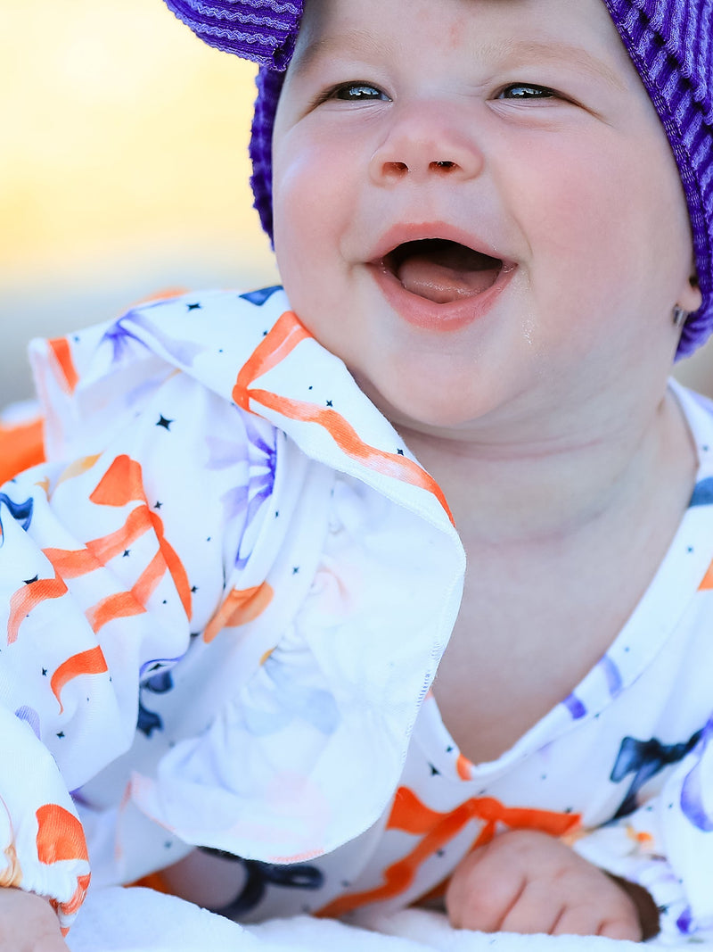 Halloween Bow Print Girls Romper Ruffle Bow Long Sleeve - 5