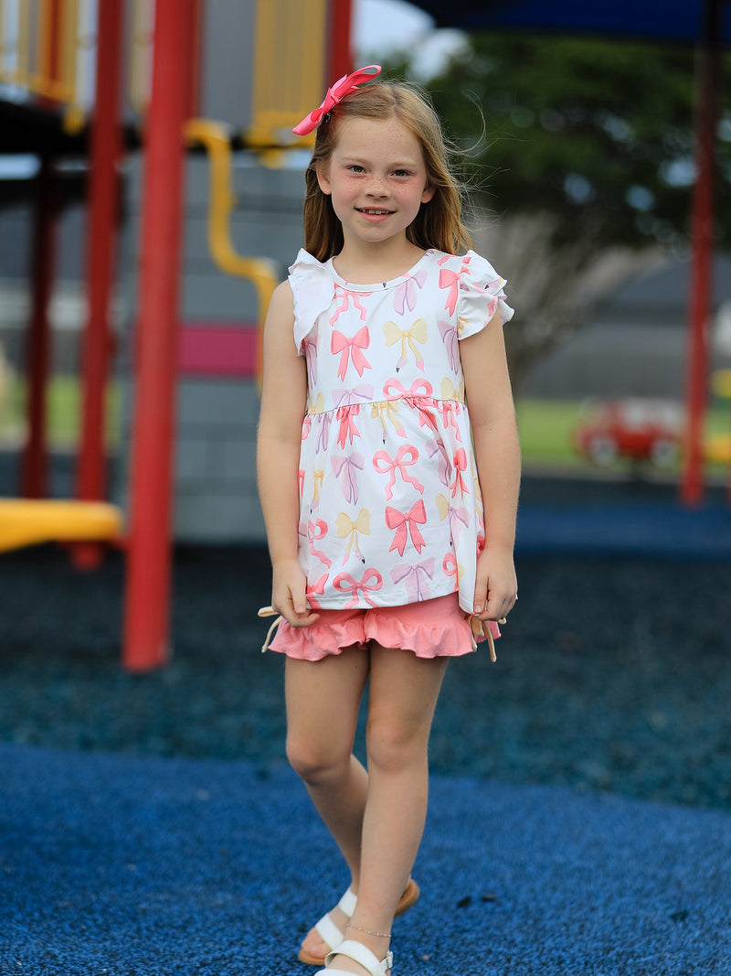 BACK TO SCHOOL Girl's Summer Bow Short Sleeve Shorts Set - 4