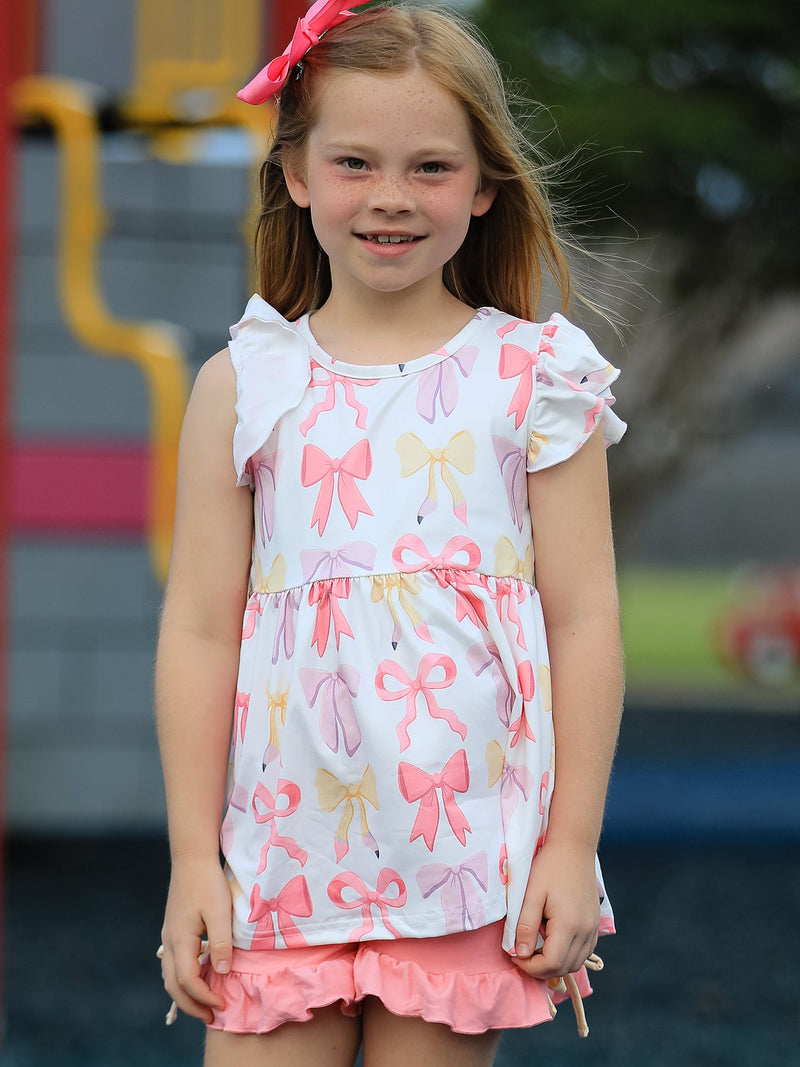 BACK TO SCHOOL Girl's Summer Bow Short Sleeve Shorts Set - 2