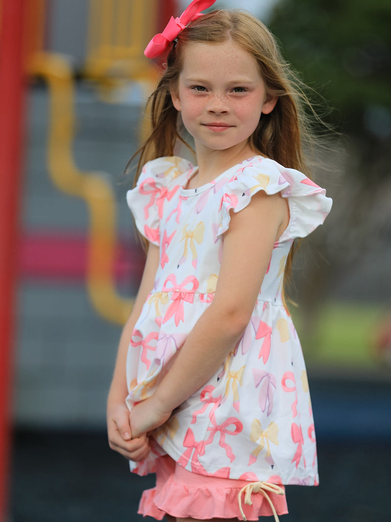 BACK TO SCHOOL Girl's Summer Bow Short Sleeve Shorts Set - 3