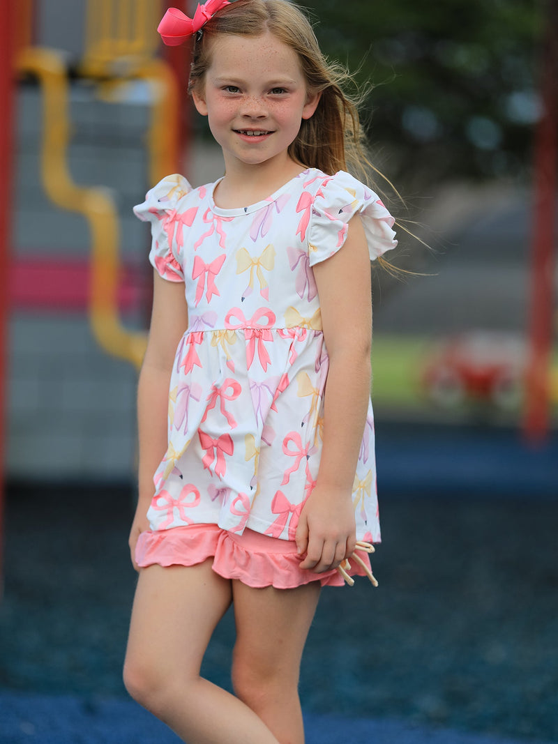 BACK TO SCHOOL Girl's Summer Bow Short Sleeve Shorts Set - 1