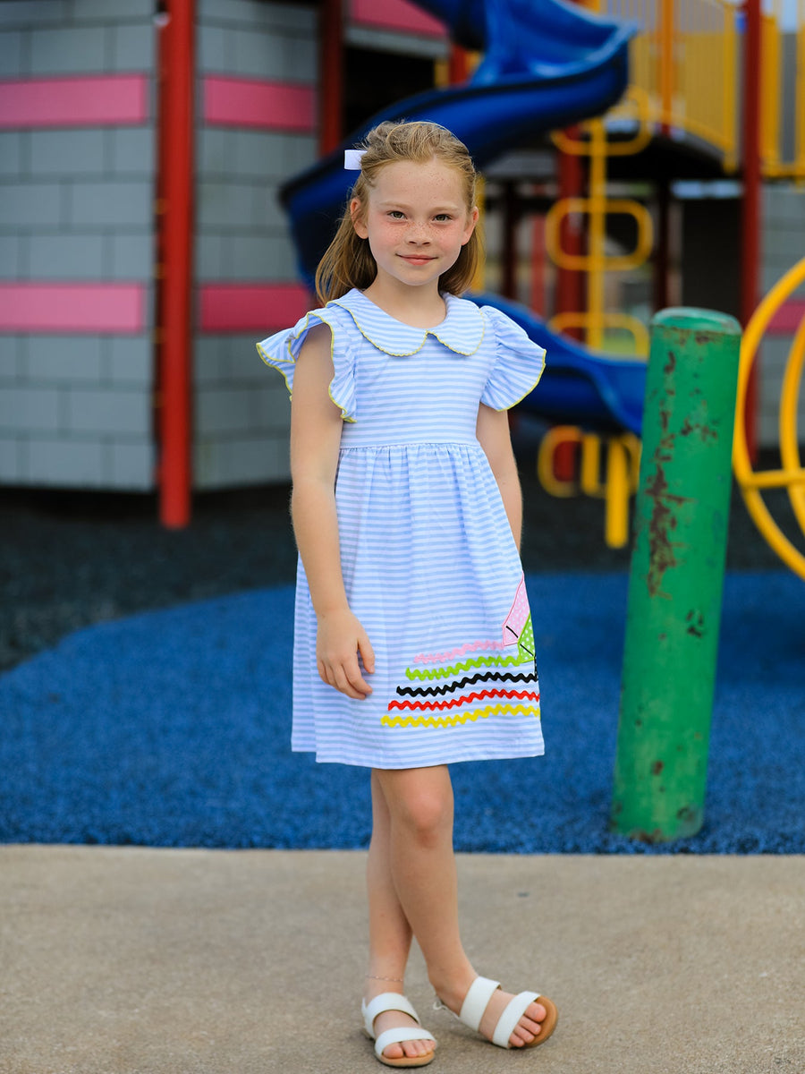 Crayon Back to School Dress with Ruffle Petal Collar
