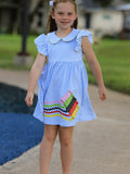 Crayon Back to School Dress with Ruffle Petal Collar - 1