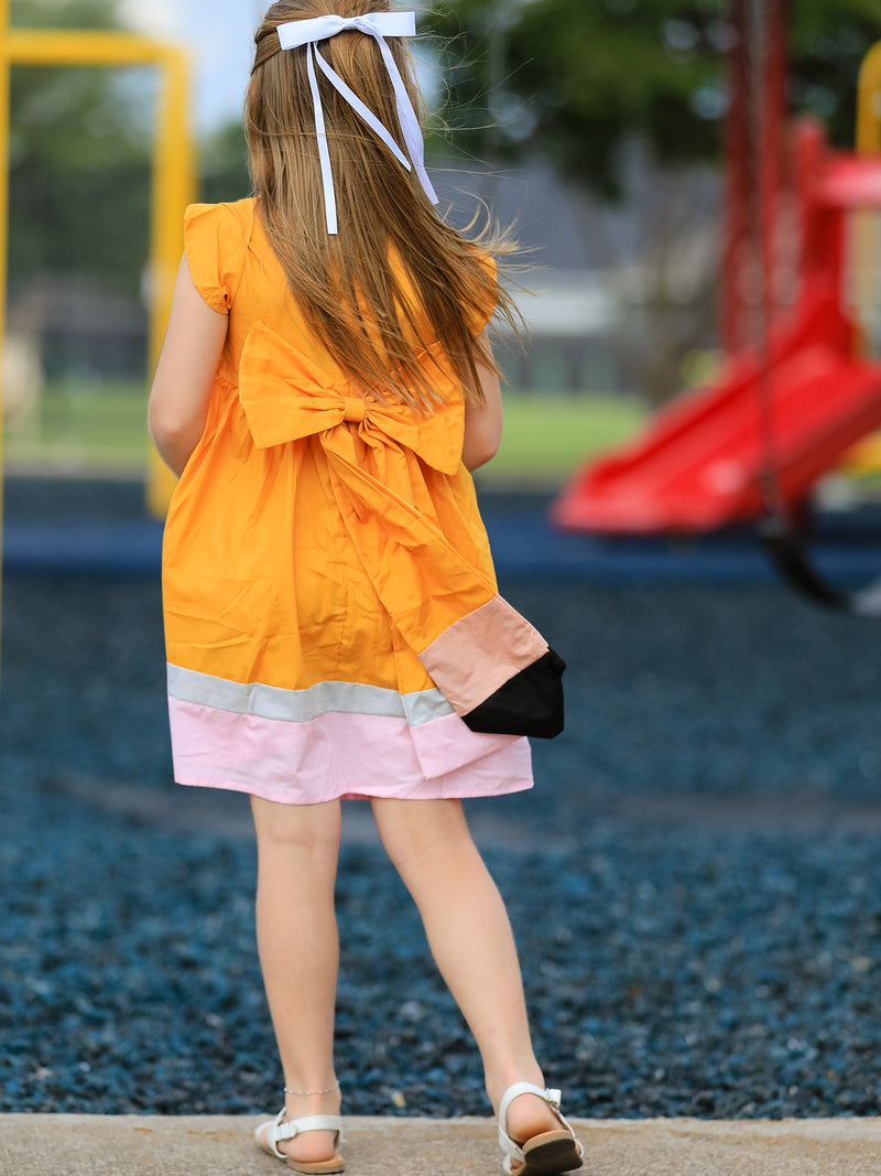 Back To School Pencil Girls Dress Color Block Bow Dress - 5