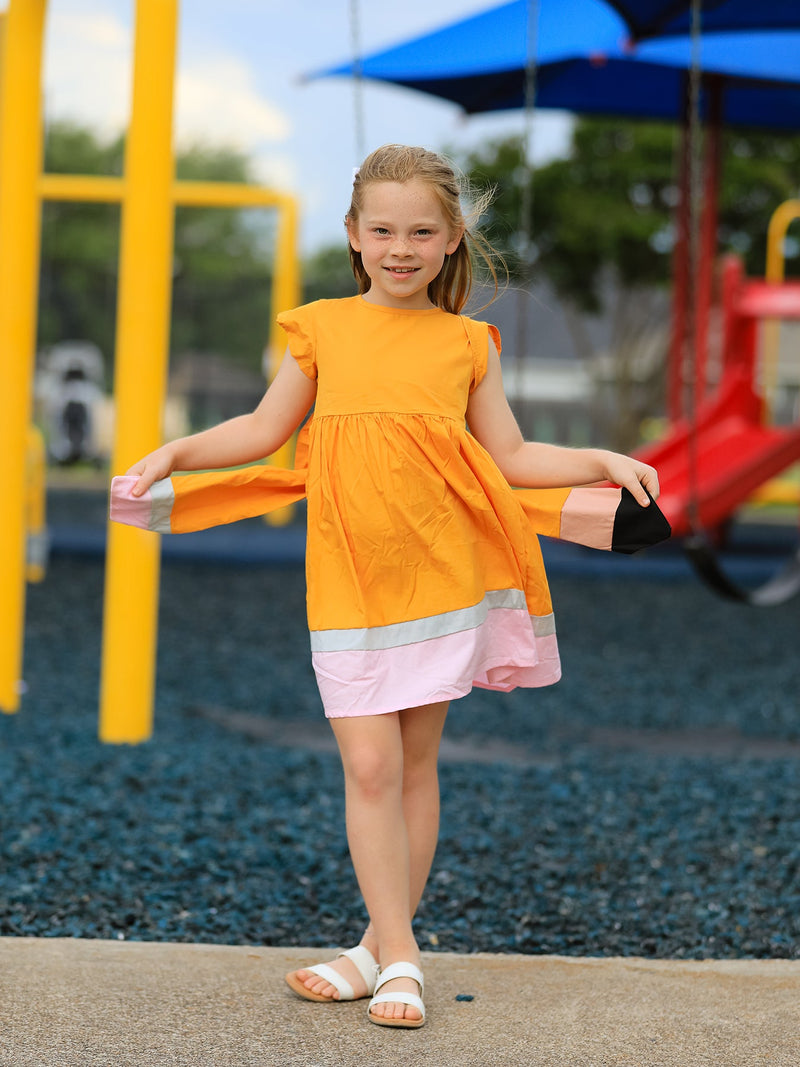 Back To School Pencil Girls Dress Color Block Bow Dress - 3