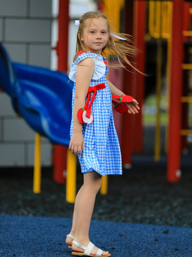 Back To School Girls Striped lapels Apple Bow Dress - 5