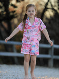 Pink TS Lapel Button Short Sleeve Shorts Pajama Set - 1
