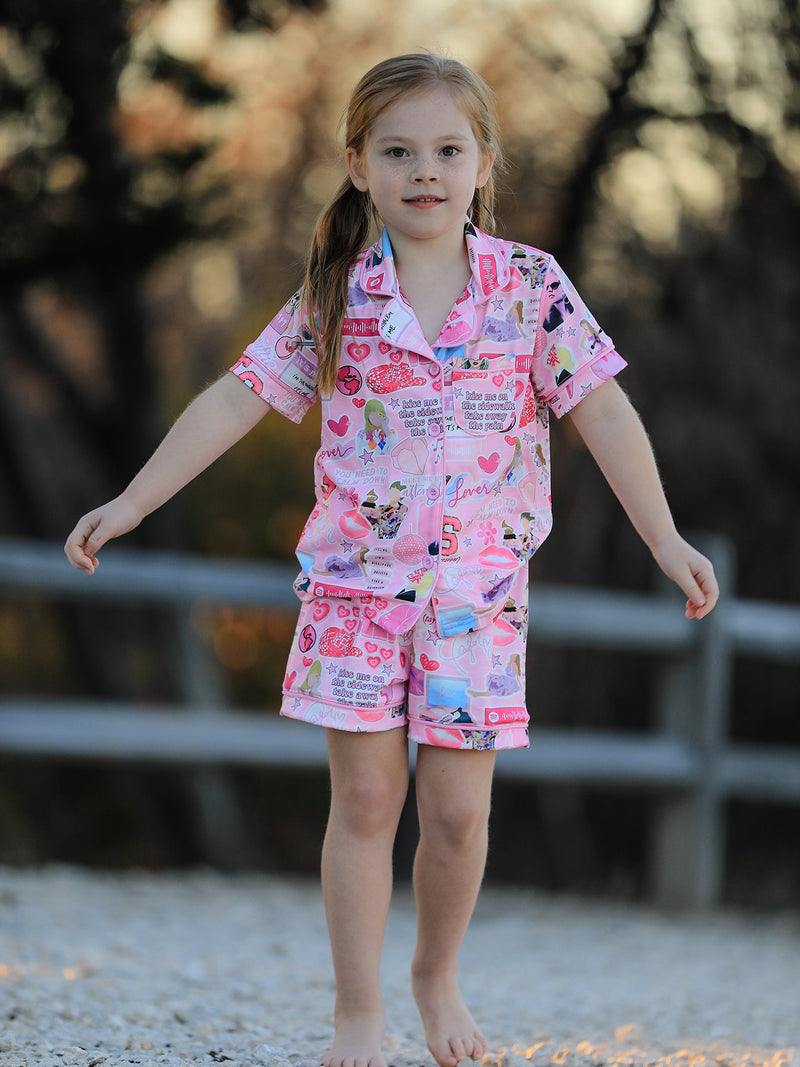 Pink TS Lapel Button Short Sleeve Shorts Pajama Set - 1