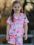 Pink TS Lapel Button Short Sleeve Shorts Pajama Set - 2