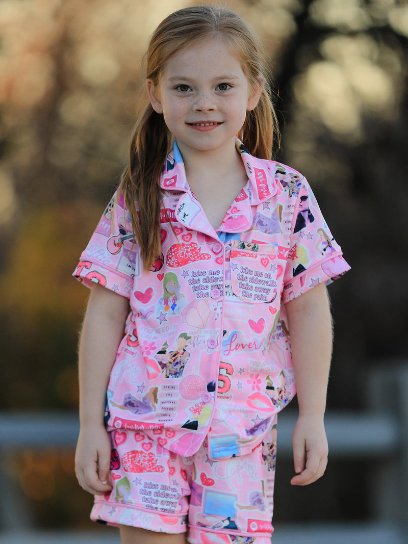 Pink TS Lapel Button Short Sleeve Shorts Pajama Set - 2