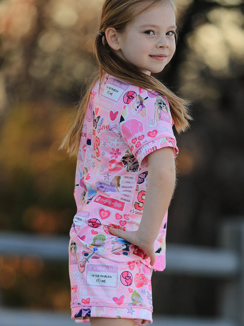 Pink TS Lapel Button Short Sleeve Shorts Pajama Set - 3