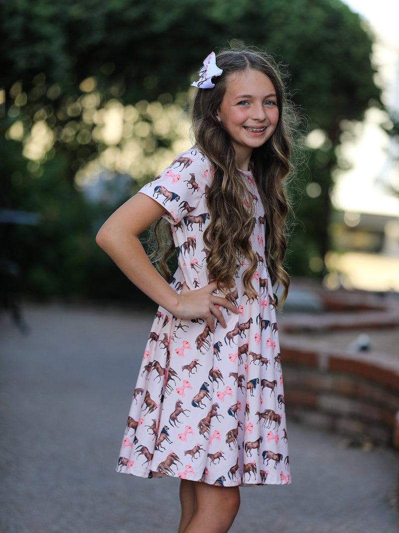 Girls Western Horse Print Twirl Dress Short Sleeve - 3
