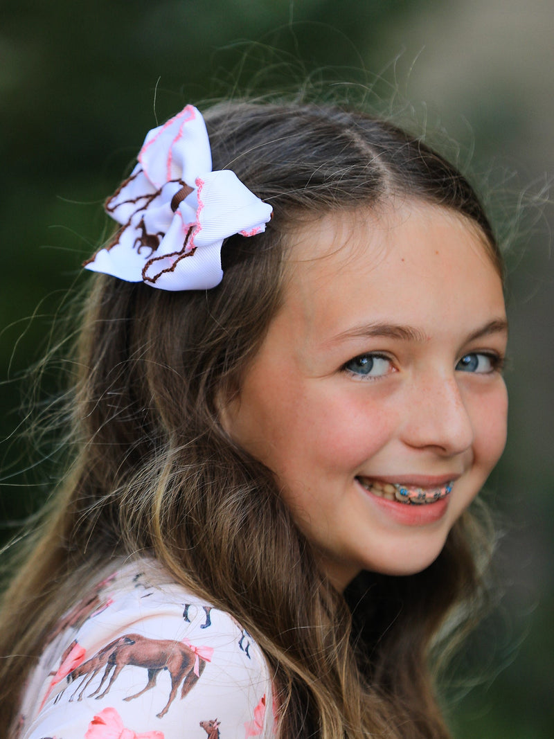 Western Horse Embroidery Ruffle Edge Girls Hairpin 4 Inch - 3