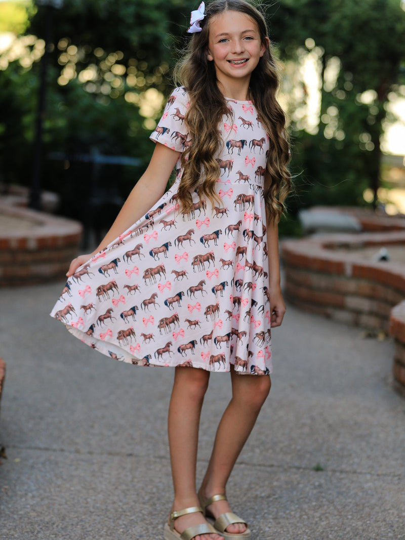 Girls Western Horse Print Twirl Dress Short Sleeve - 1