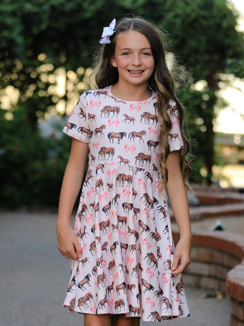 Girls Western Horse Print Twirl Dress Short Sleeve - 2