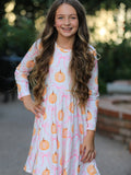 Fall Halloween & Thanksgiving Pumpkin Bow Print Long Sleeve Dress - 5