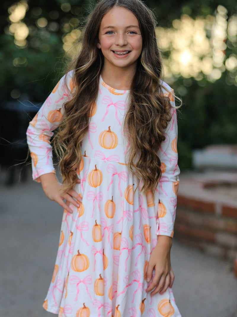 Fall Halloween & Thanksgiving Pumpkin Bow Print Long Sleeve Dress - 5