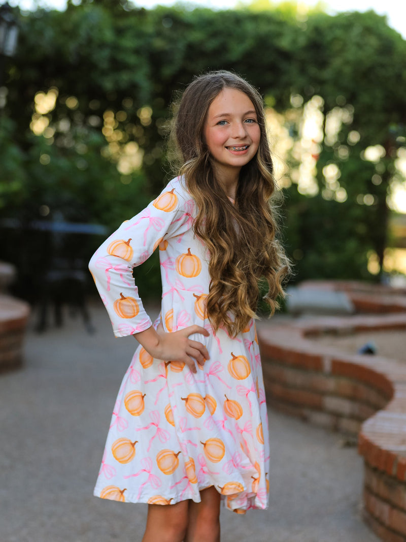 Fall Halloween & Thanksgiving Pumpkin Bow Print Long Sleeve Dress - 4