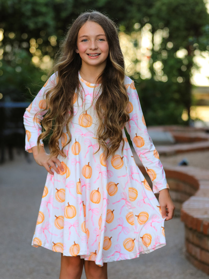 Fall Halloween & Thanksgiving Pumpkin Bow Print Long Sleeve Dress - 3