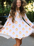 Fall Halloween & Thanksgiving Pumpkin Bow Print Long Sleeve Dress - 1