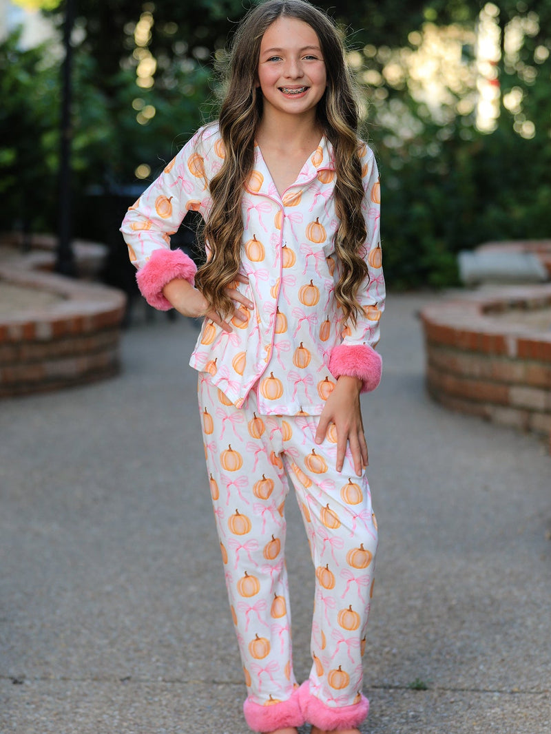 Halloween Thanksgiving Pumpkin Bow Fur Pajama Set - 1