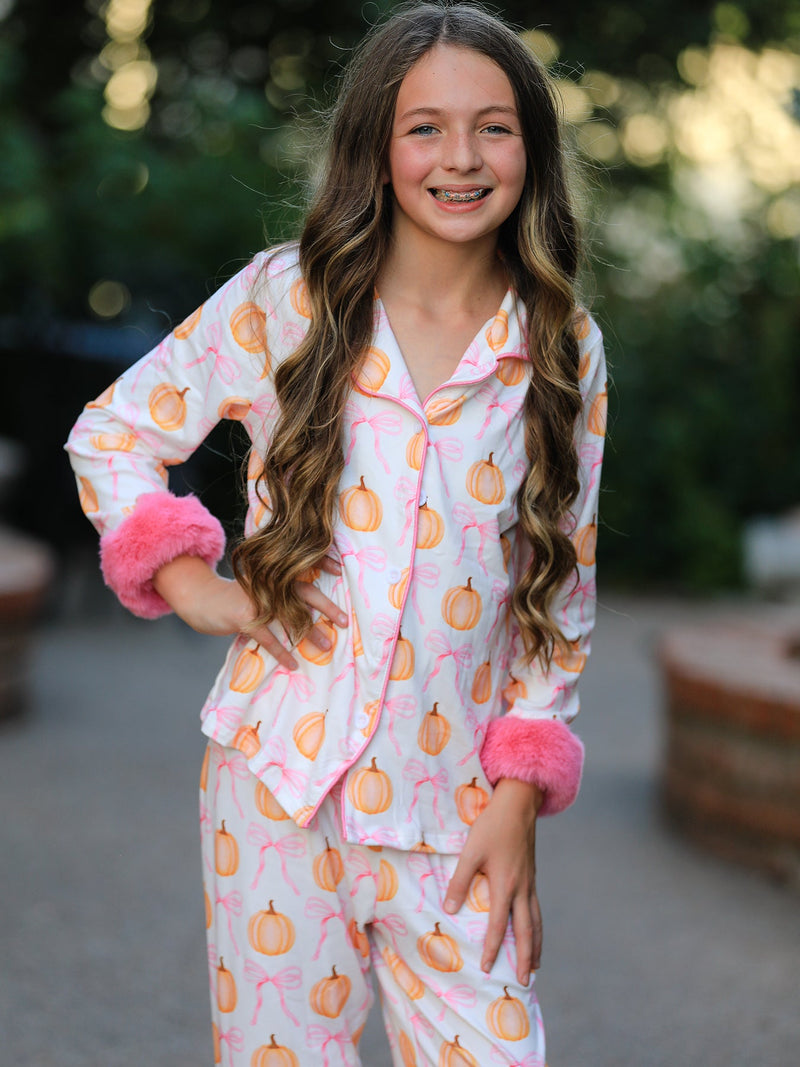 Halloween Thanksgiving Pumpkin Bow Fur Pajama Set - 2