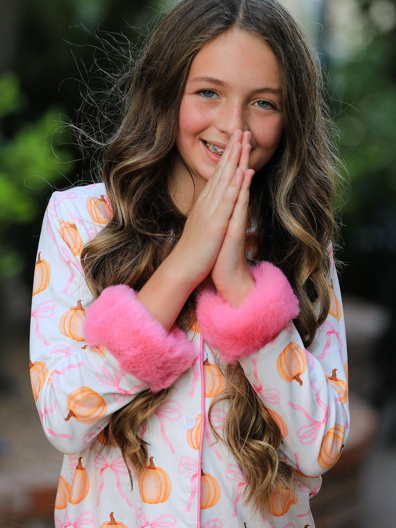 Halloween Thanksgiving Pumpkin Bow Fur Pajama Set - 5