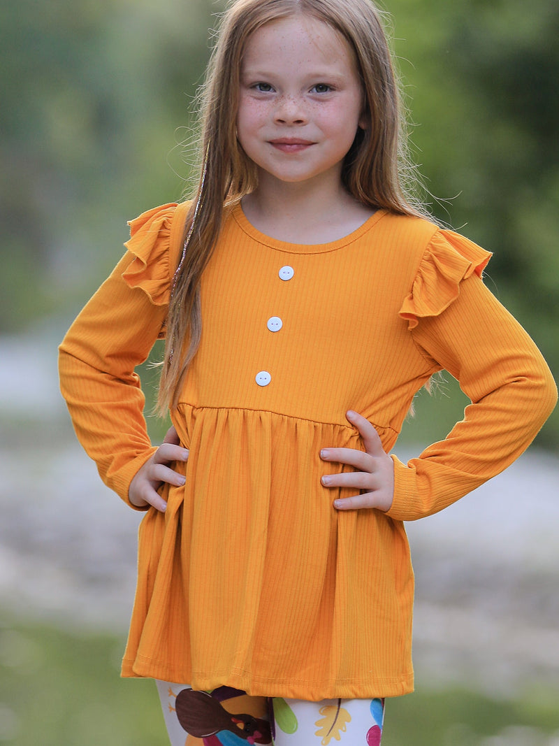 Fall Halloween & Thanksgiving Pumpkin Turkey Print Girls Long Sleeve Set - 3
