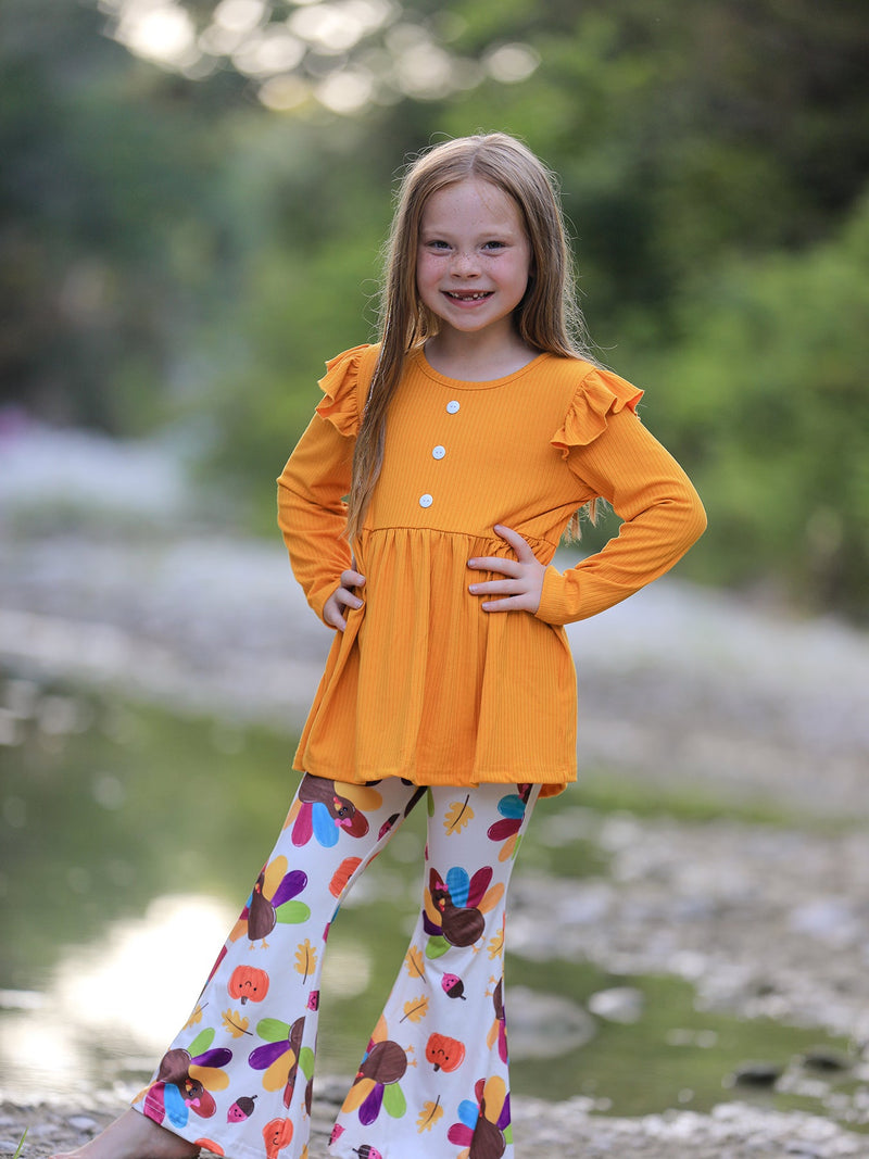Fall Halloween & Thanksgiving Pumpkin Turkey Print Girls Long Sleeve Set - 1