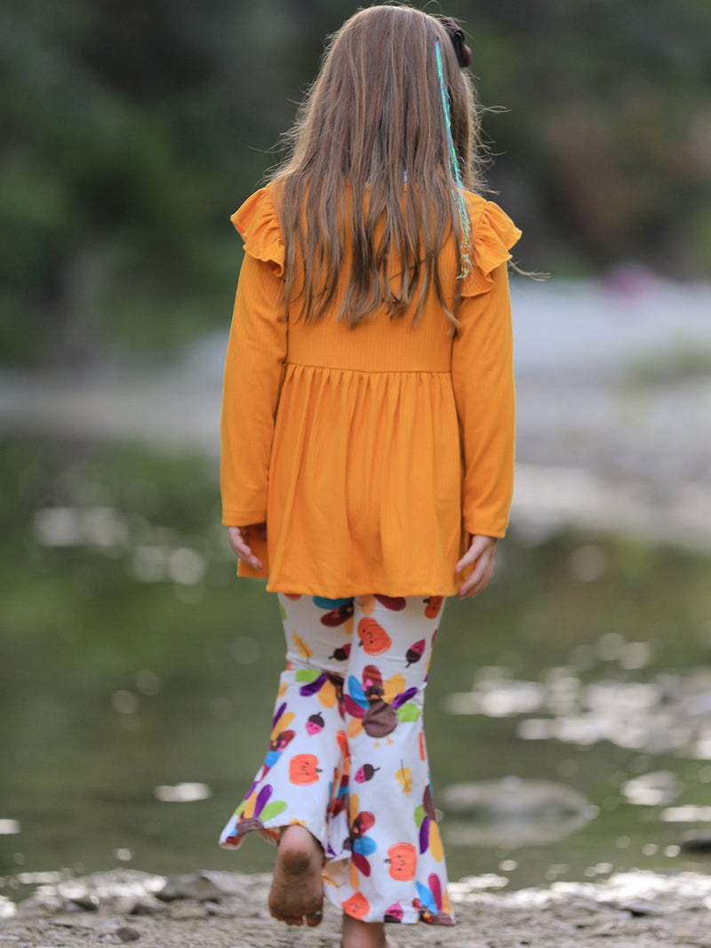 Fall Halloween & Thanksgiving Pumpkin Turkey Print Girls Long Sleeve Set - 4