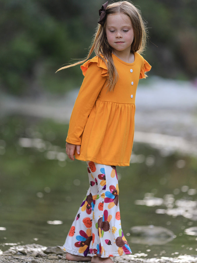 Fall Halloween & Thanksgiving Pumpkin Turkey Print Girls Long Sleeve Set - 5