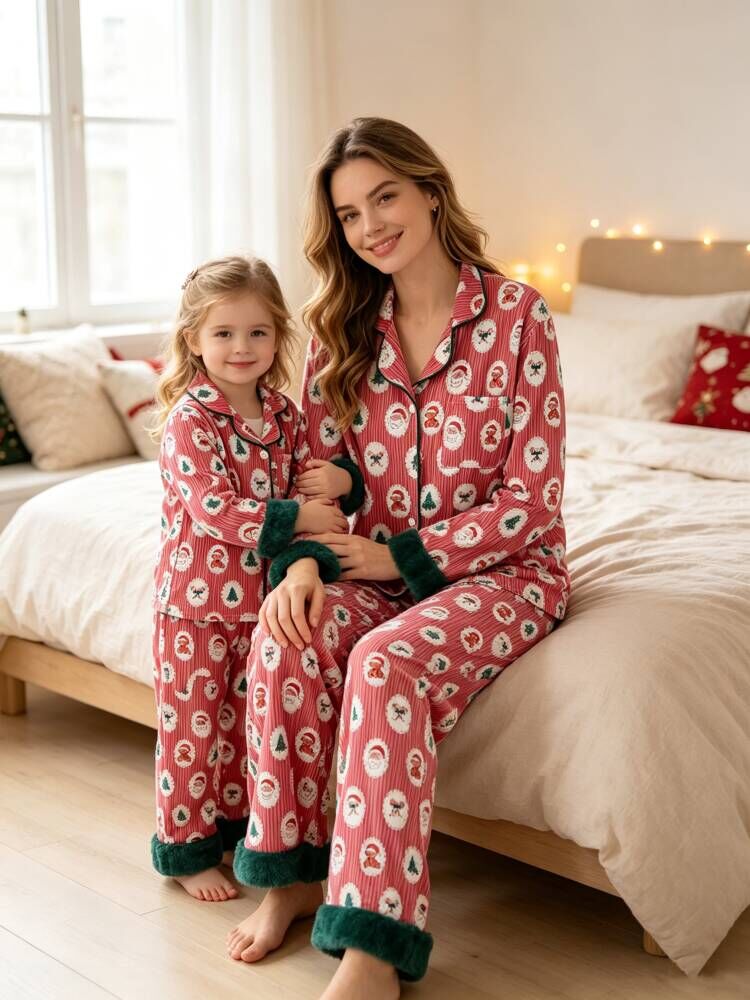 Mommy and Me Christmas Santa Print Pajama Set with Fur Trim - 1