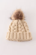 Beige pompom  cable beanie hat - 2