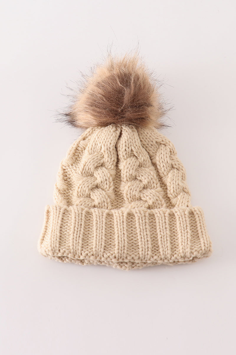 Beige pompom  cable beanie hat - 2