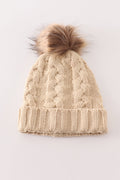 Beige pompom  cable beanie hat - 3