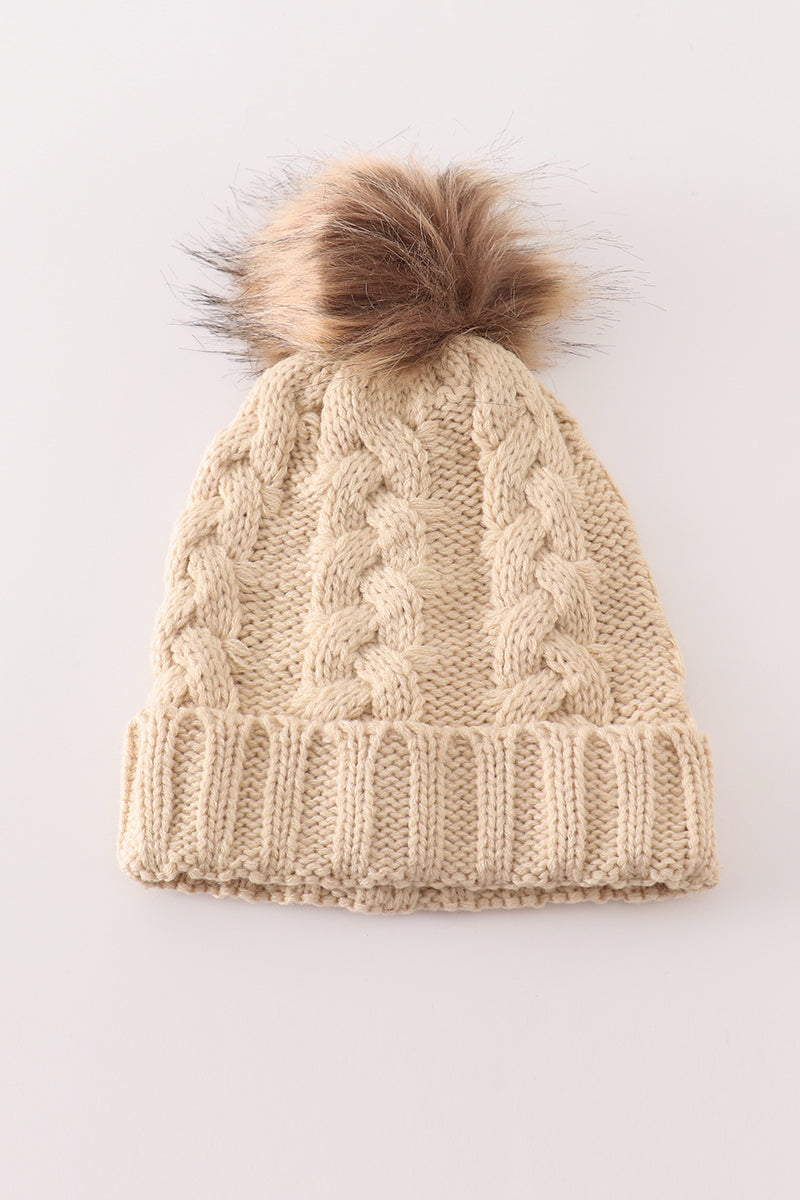 Beige pompom  cable beanie hat - 3