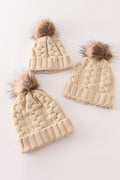 Beige pompom  cable beanie hat - 1