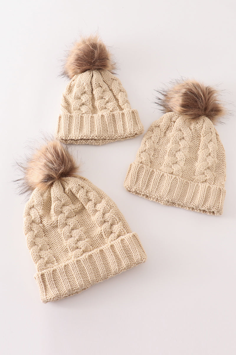 Beige pompom  cable beanie hat - 1