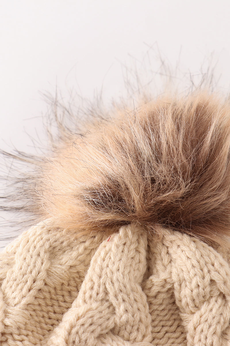 Beige pompom  cable beanie hat - 5