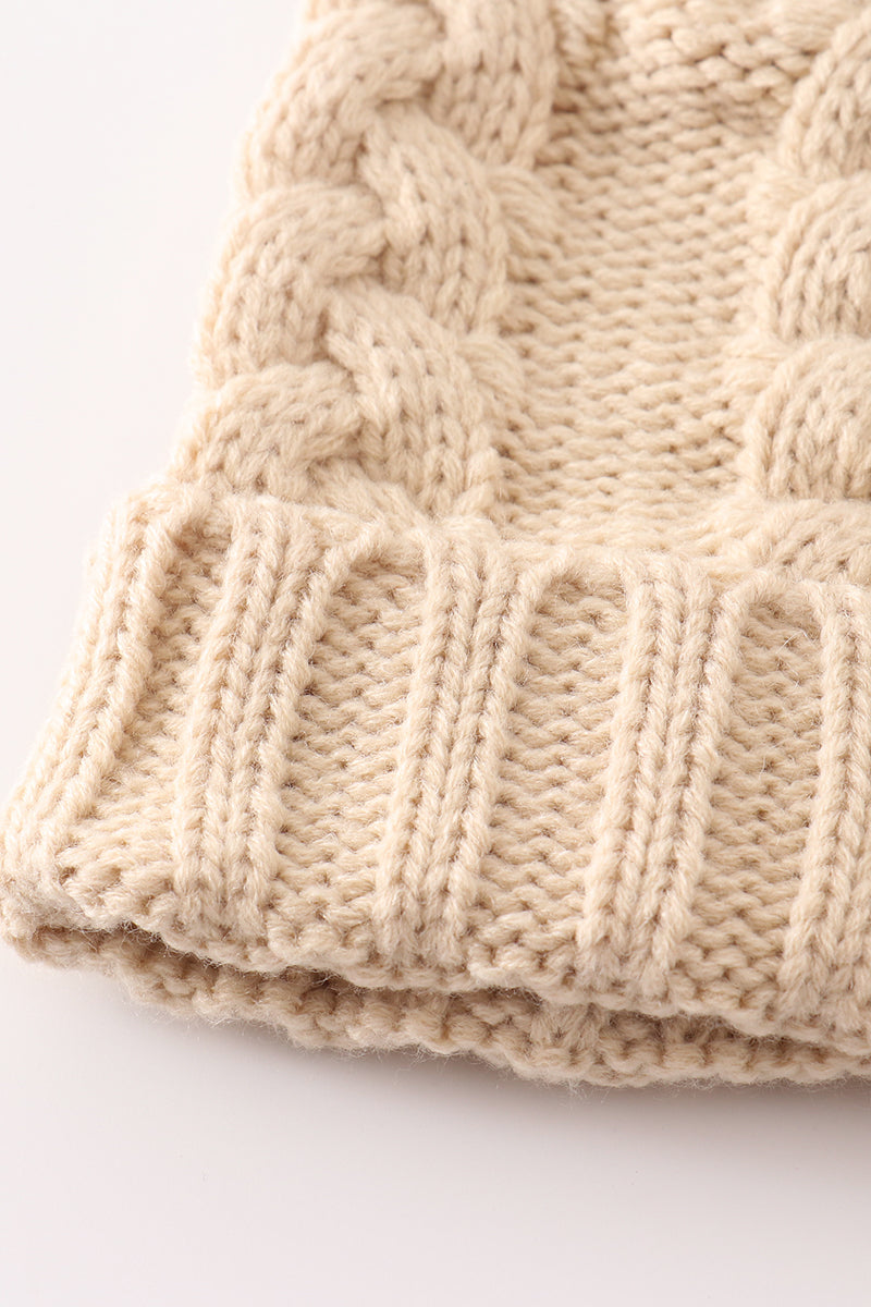 Beige pompom  cable beanie hat - 6
