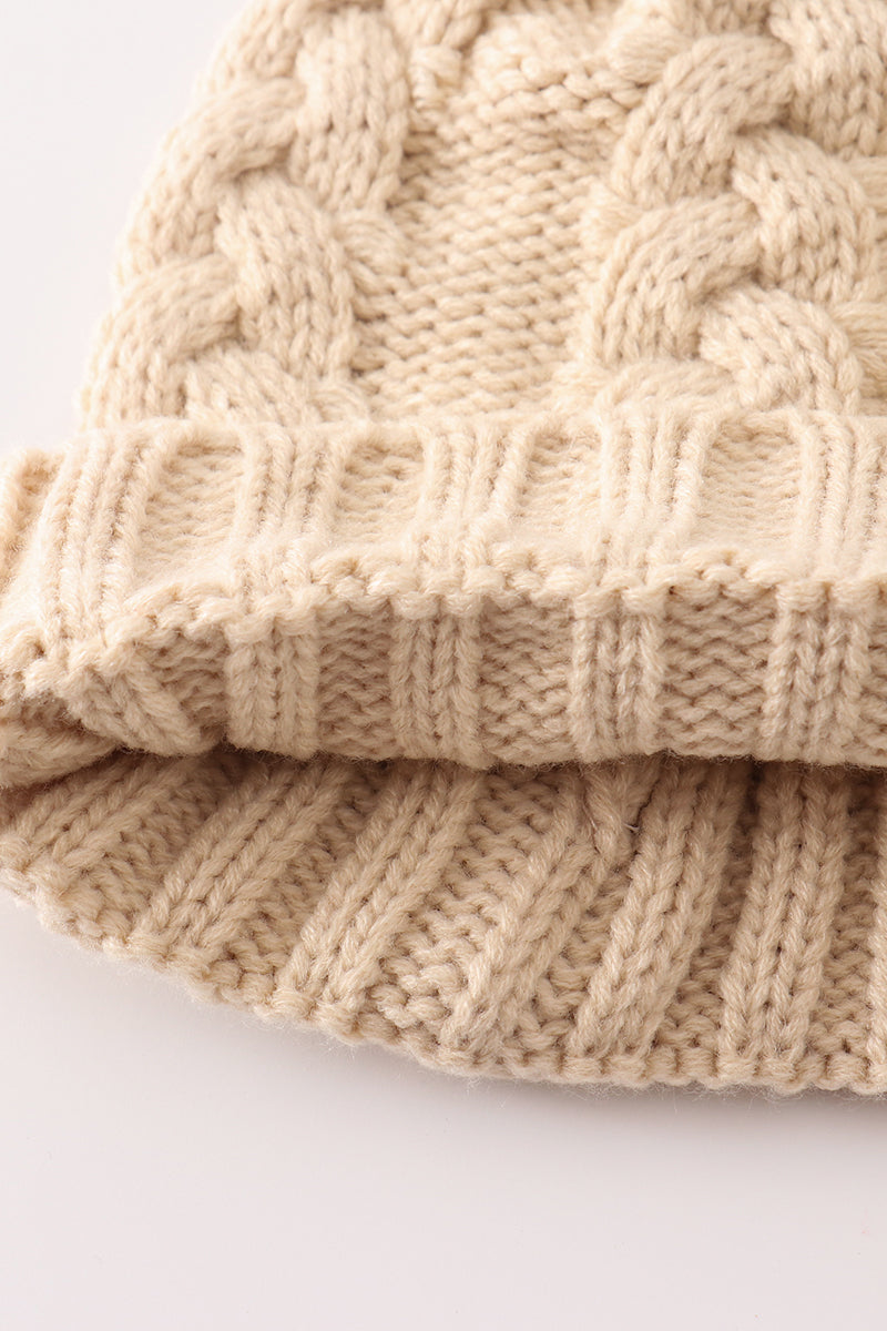 Beige pompom  cable beanie hat - 7